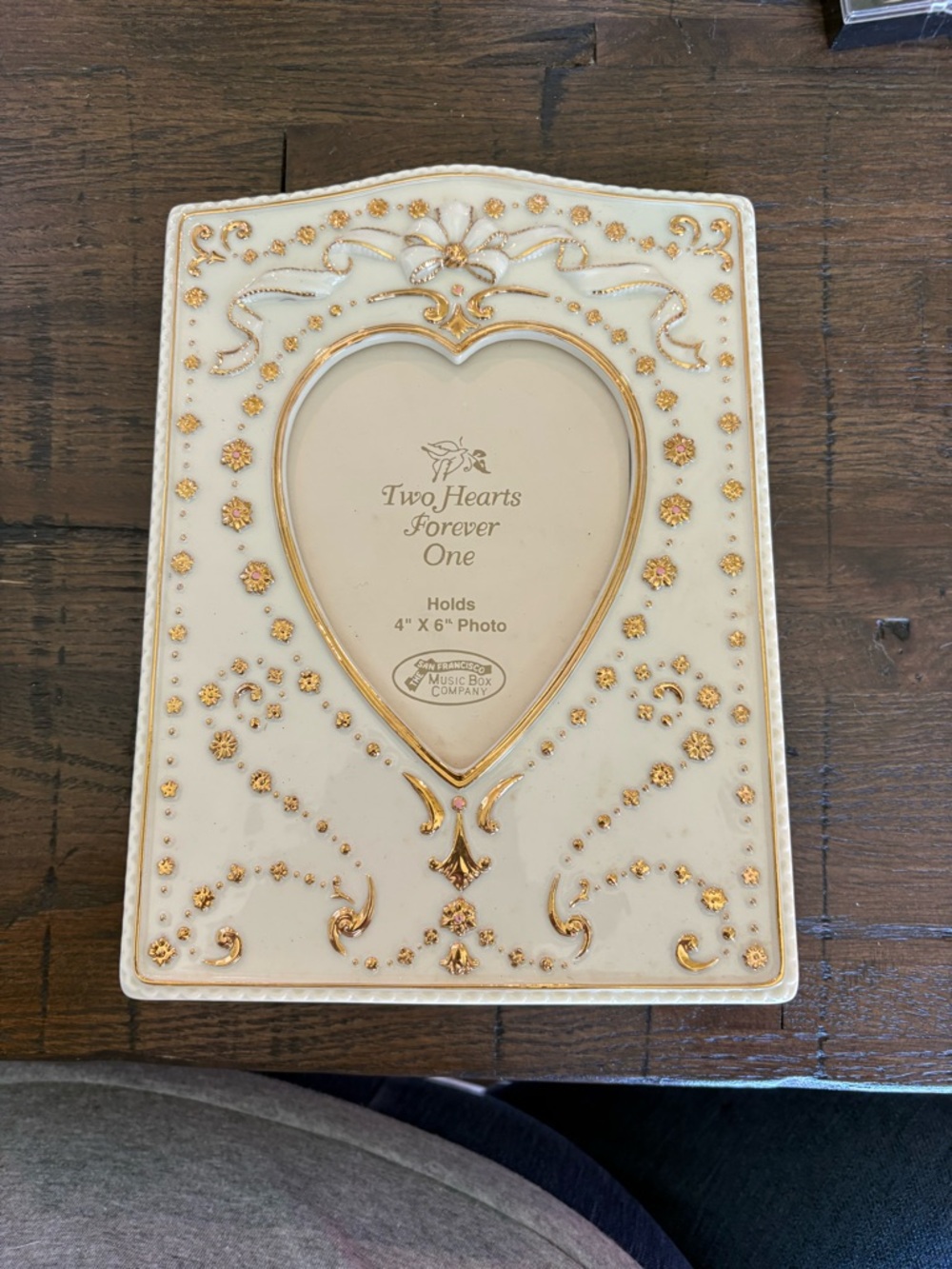 San Francisco Music Box Two Hearts Forever One Ivory and Gold Heart Photo Frame
